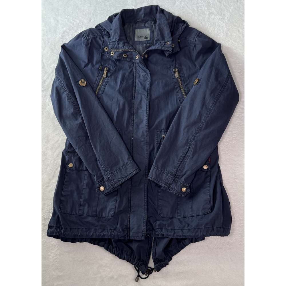 Levis Utility Jacket Woman Large Navy Hooded Zip Button‎ Hiking Removable Hood